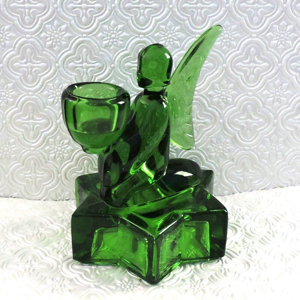 Vintage LE Smith Green Glass Angel Candleholder Holiday Decor